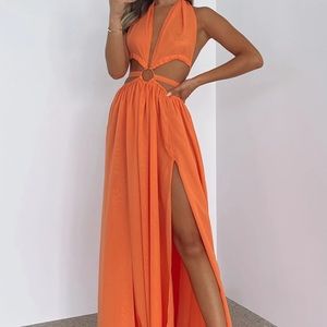 White Fox Boutique Orange Cutout Halter Maxi Dress with Thigh Slit